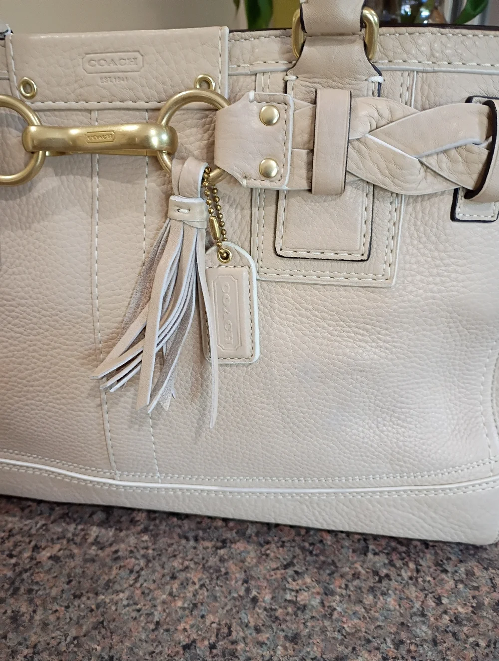 Coach Hamton Briaded Pebbled Leather Satchel Bag in Chalk